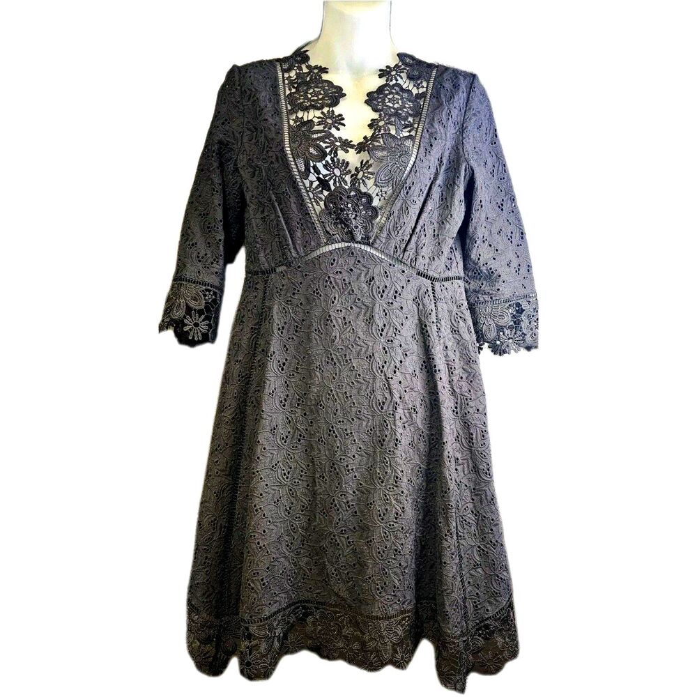 Gianni Bini Black Cotton Eyelet Dress Size 6 Floral Lace Trim Fit & Flare